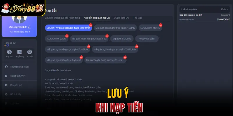 Lưu ý khi nạp tiền
