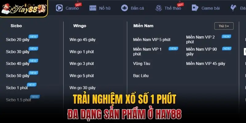 Trải nghiệm xổ số 1 phút đa dạng sản phẩm ở Hay88